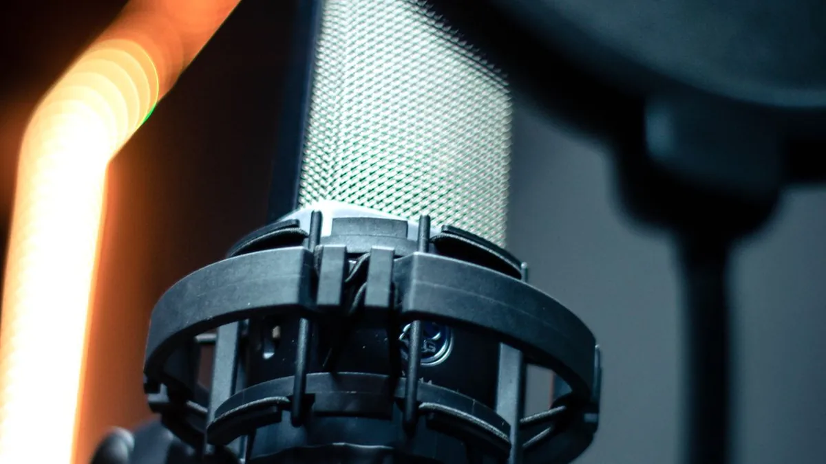 Close-up of a professional studio microphone and pop filter used for voice recording.