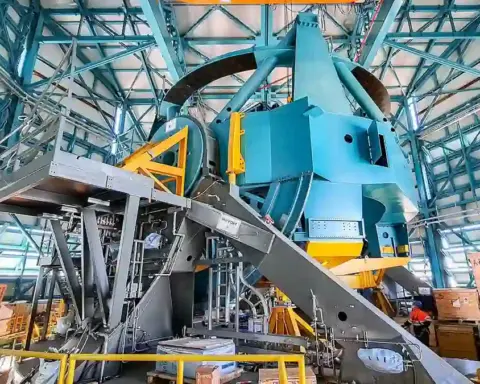 Wide view of the Simonyi Survey Telescope mount assembly inside the Vera C. Rubin Observatory dome in Chile.