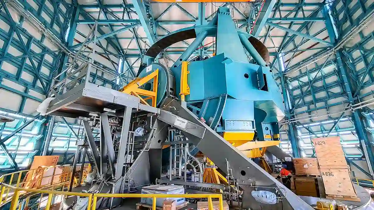 Wide view of the Simonyi Survey Telescope mount assembly inside the Vera C. Rubin Observatory dome in Chile.