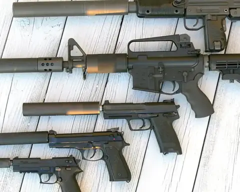 Cylindrical metallic firearm sound suppressors showing machined threads and modular baffle design.