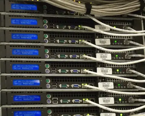 Server rack in a data center, illustrating hardware covered by e-waste reporting gaps