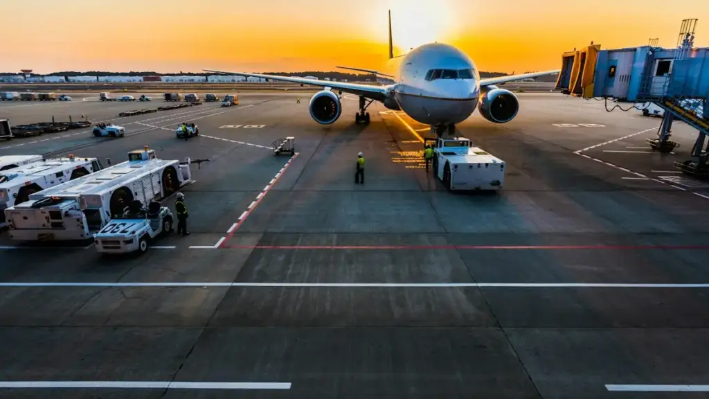 Commercial jet aircraft landing on an airport tarmac runway during flight operations