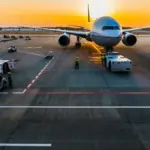 Commercial jet aircraft landing on an airport tarmac runway during flight operations