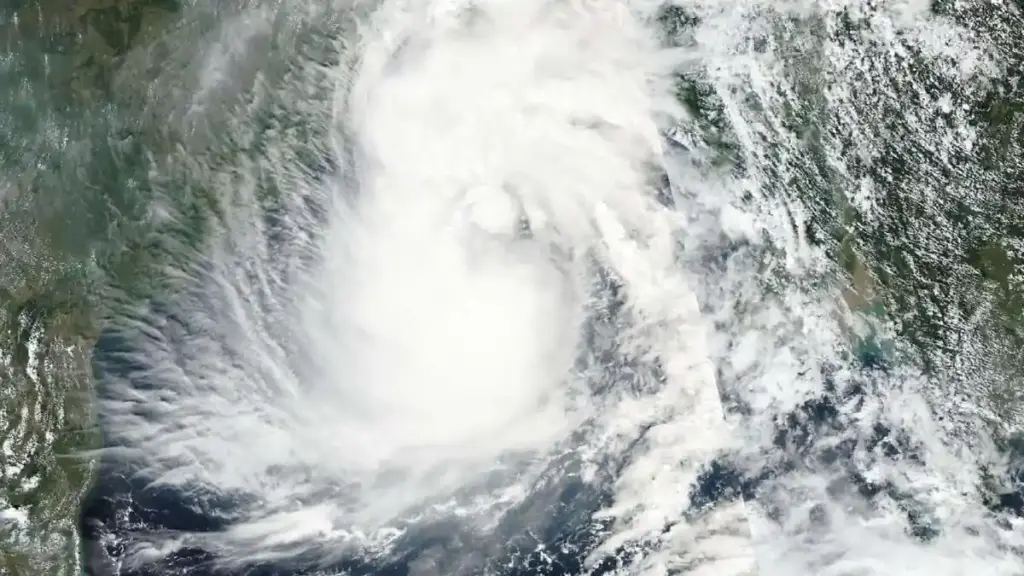 Satellite view of cloud bands over the Bay of Bengal