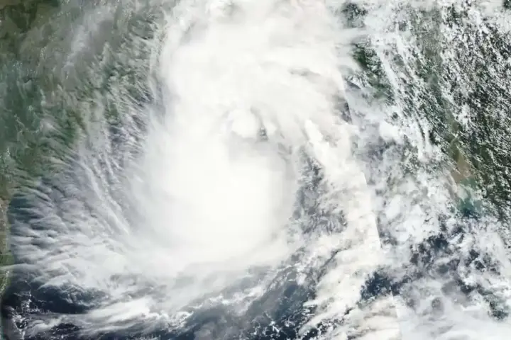 Satellite view of cloud bands over the Bay of Bengal