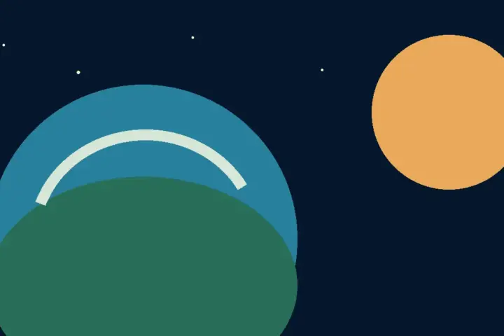 Illustration of a blue-green exoplanet orbiting an orange star