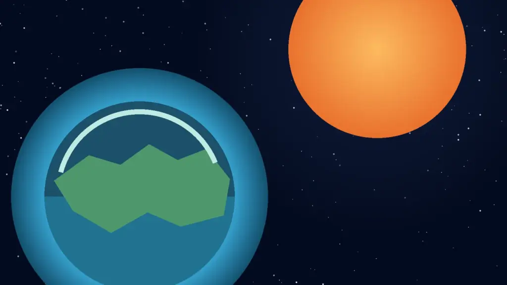 Illustration of a hypothetical blue-green exoplanet orbiting an orange K-dwarf star