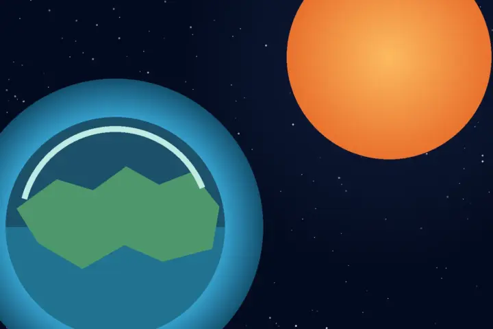 Illustration of a hypothetical blue-green exoplanet orbiting an orange K-dwarf star