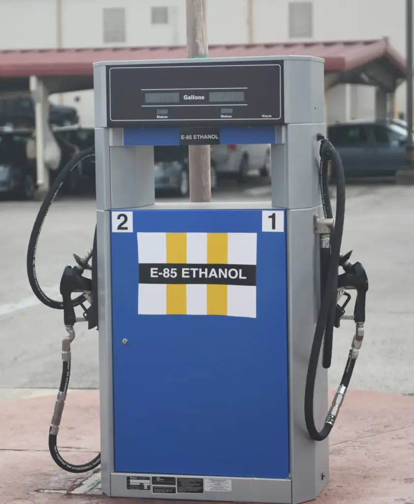 Close-up photograph of a commercial automotive fuel dispenser with pump nozzles mounted at a service station in Texas.