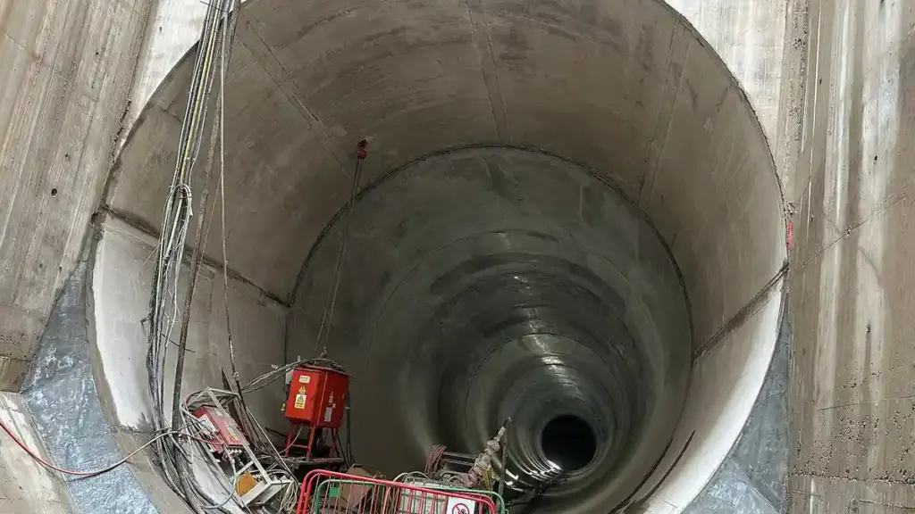Interior view of a large concrete access shaft for the Thames Tideway Tunnel, London's storm sewer built to cut raw sewage discharge into the River Thames