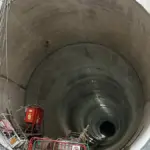Interior view of a large concrete access shaft for the Thames Tideway Tunnel, London's storm sewer built to cut raw sewage discharge into the River Thames