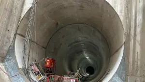 Interior view of a large concrete access shaft for the Thames Tideway Tunnel, London's storm sewer built to cut raw sewage discharge into the River Thames