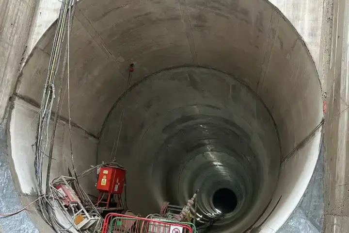 Interior view of a large concrete access shaft for the Thames Tideway Tunnel, London's storm sewer built to cut raw sewage discharge into the River Thames