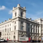 Exterior architectural photograph of the HM Treasury Government Offices on Great George Street in Whitehall, London.