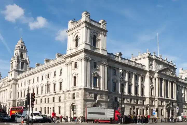 Exterior architectural photograph of the HM Treasury Government Offices on Great George Street in Whitehall, London.