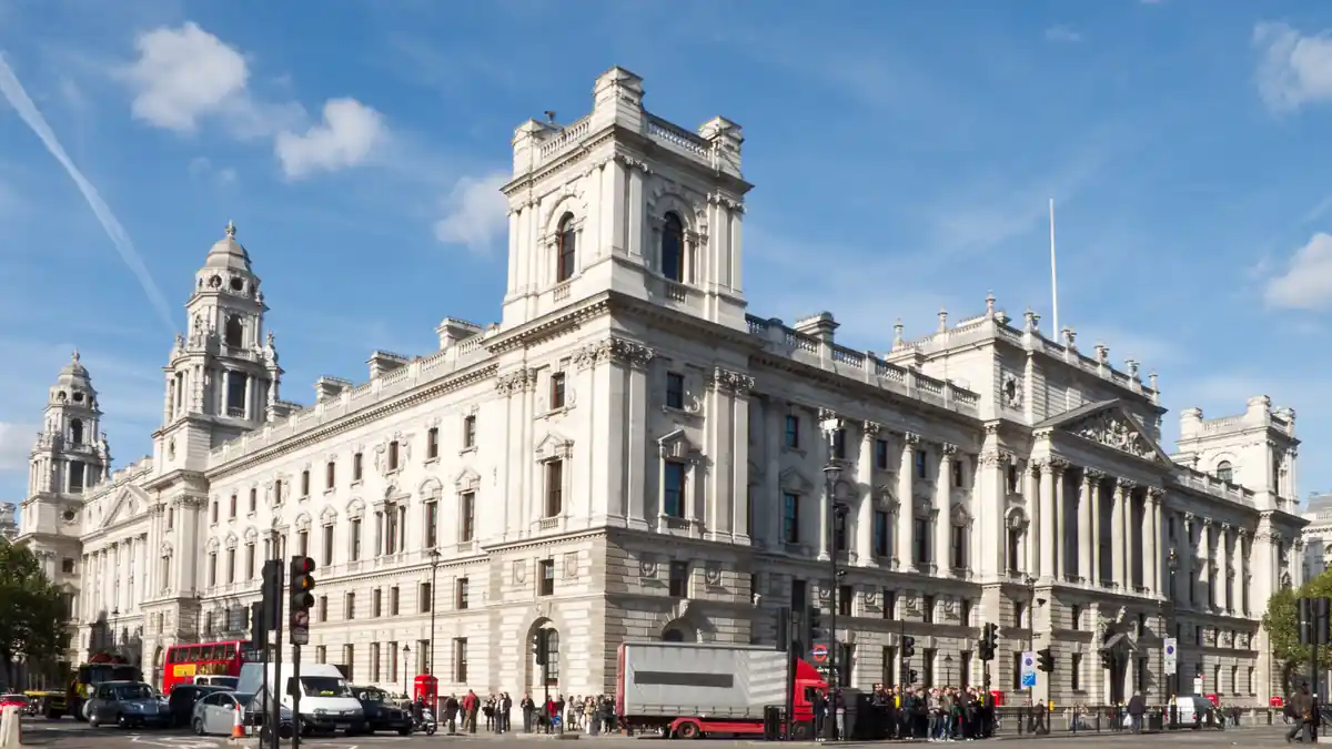Exterior architectural photograph of the HM Treasury Government Offices on Great George Street in Whitehall, London.