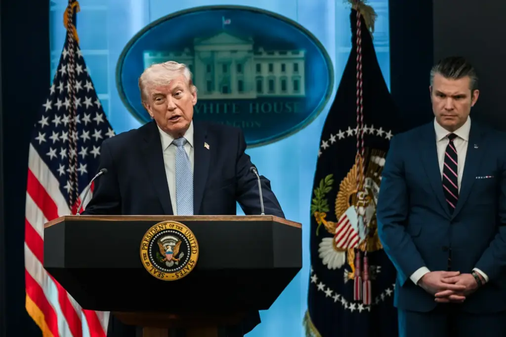 President Donald Trump speaking to members of the press during an official briefing on the rescue of missing U.S. airmen in Iran