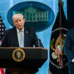 President Donald Trump speaking to members of the press during an official briefing on the rescue of missing U.S. airmen in Iran