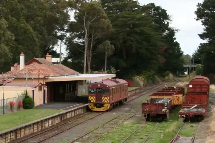 South Gippsland Railway infrastructure and platform area in Leongatha, Victoria, photographed outdoors