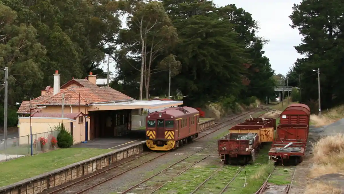 South Gippsland Railway infrastructure and platform area in Leongatha, Victoria, photographed outdoors