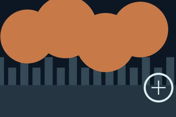 Illustration of wildfire smoke over a city and a PM2.5 particle. Original Karmactive illustration.