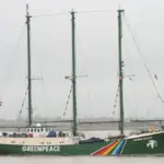 Greenpeace's Rainbow Warrior ship, the vessel activists launched from to board Woodside's Scarborough gas platform off Western Australia