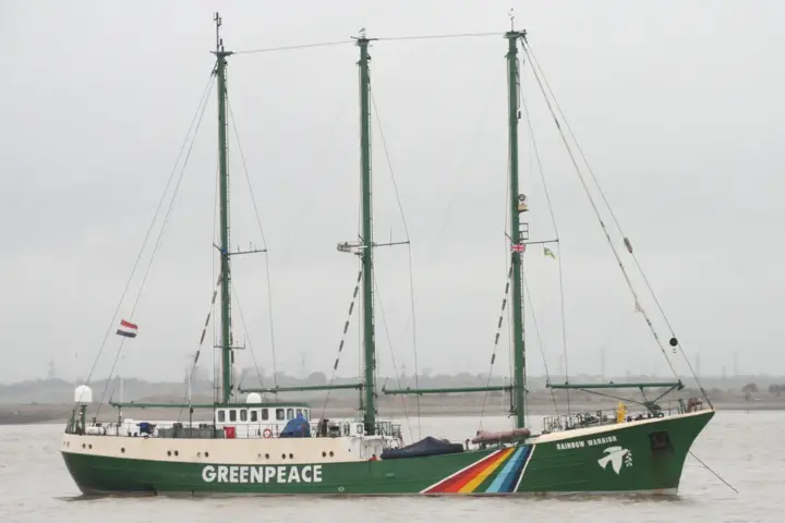 Greenpeace's Rainbow Warrior ship, the vessel activists launched from to board Woodside's Scarborough gas platform off Western Australia