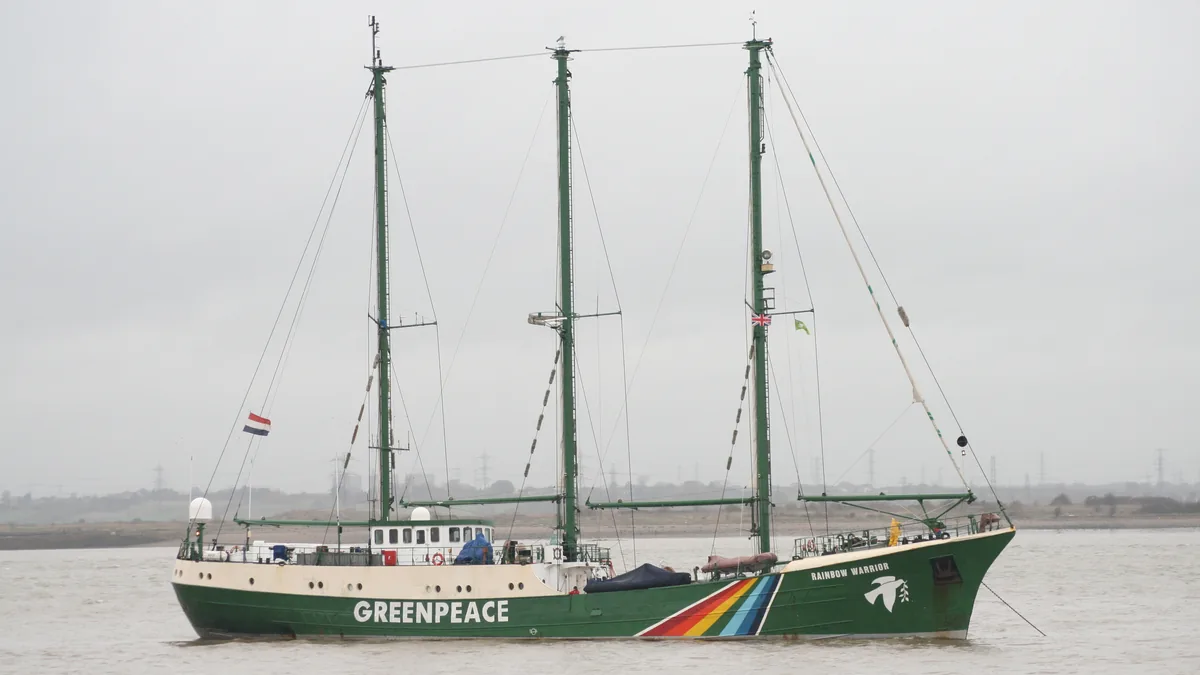 Greenpeace's Rainbow Warrior ship, the vessel activists launched from to board Woodside's Scarborough gas platform off Western Australia