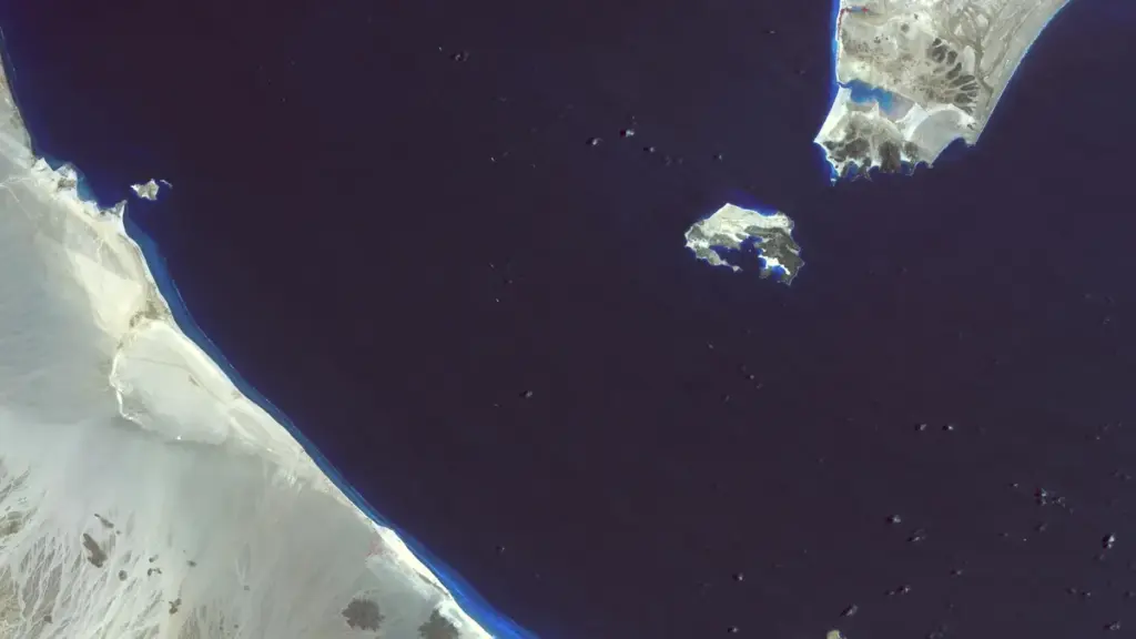 Satellite view of the Bab el-Mandeb strait between Yemen and the Horn of Africa near the Red Sea shipping corridor.
