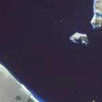 Satellite view of the Bab el-Mandeb strait between Yemen and the Horn of Africa near the Red Sea shipping corridor.