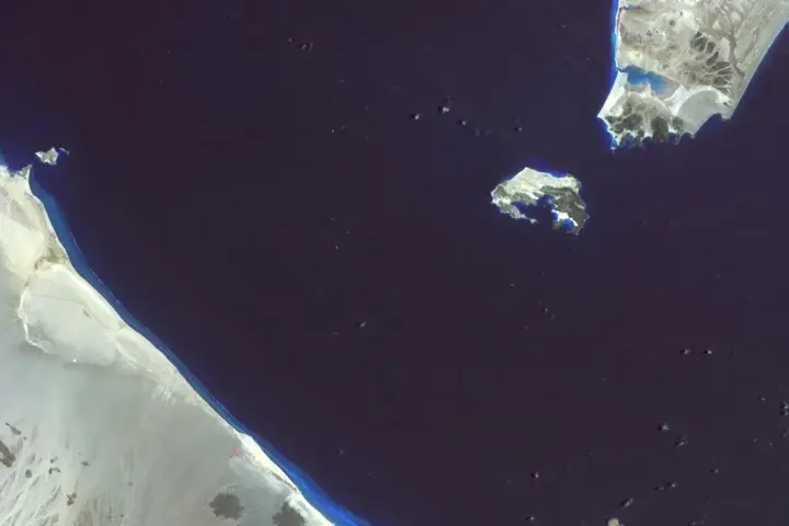 Satellite view of the Bab el-Mandeb strait between Yemen and the Horn of Africa near the Red Sea shipping corridor.
